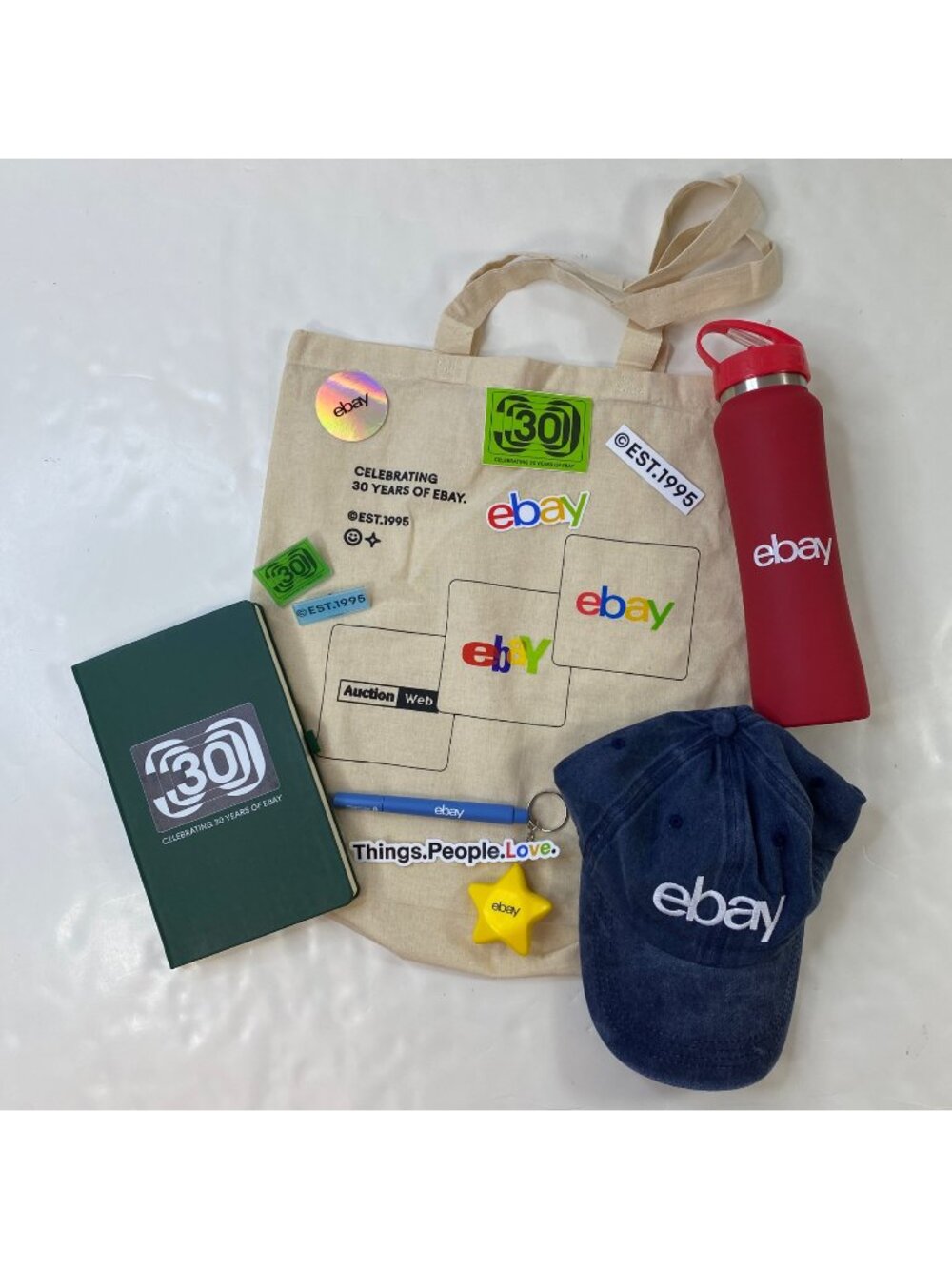 Ebay 30th Anniversary Swag Bundle Tote Bag Water Bottle Baseball Hat Notebook